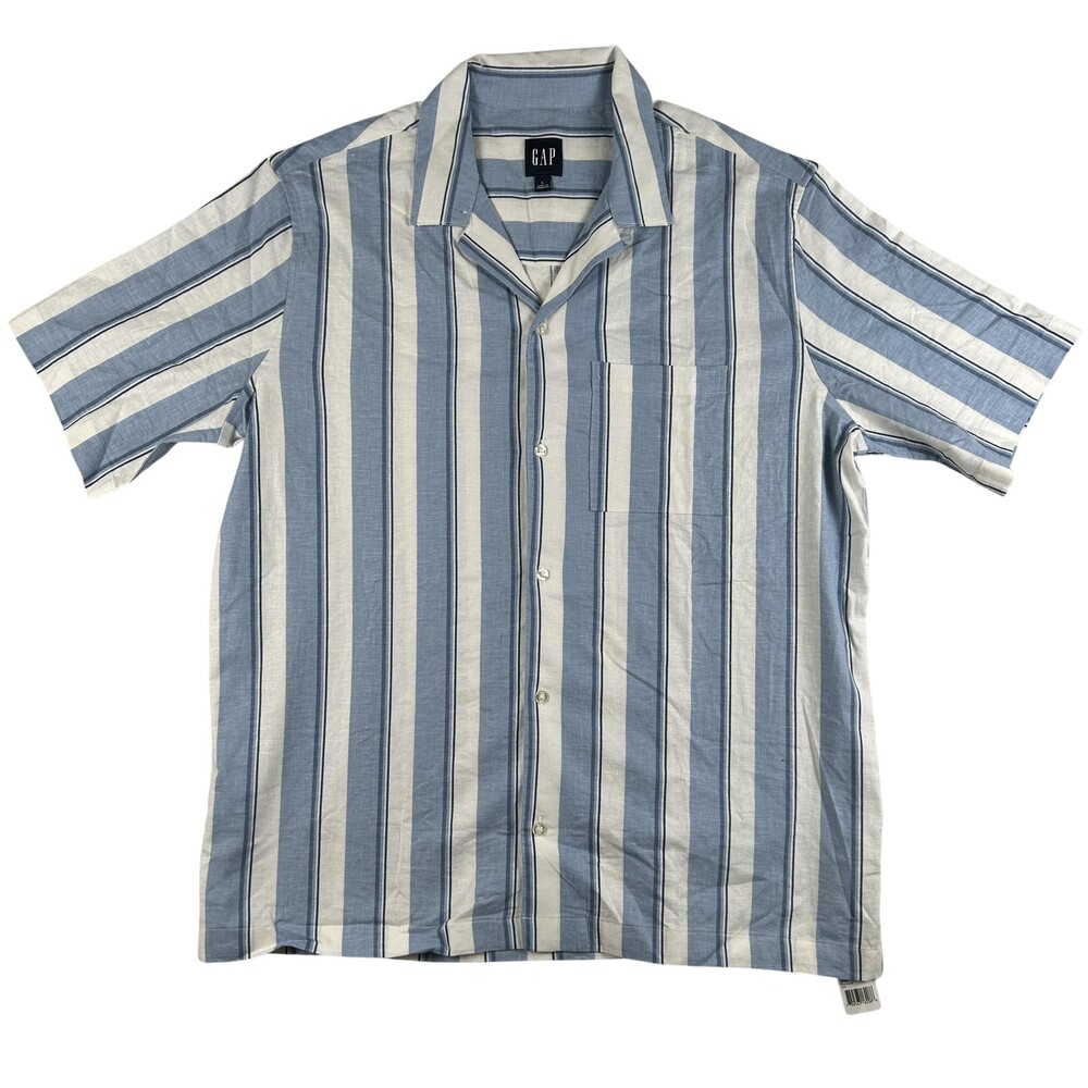 Gap Shirt Mens Large Blue Stripe Linen Blend Short Sleeve Button Up Camp Collar